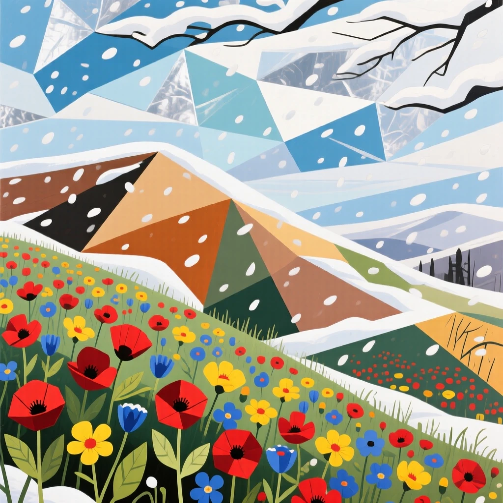 A candid medium shot of a blooming wildflower hillside beneath a canopy of drifting snow, in early spring.