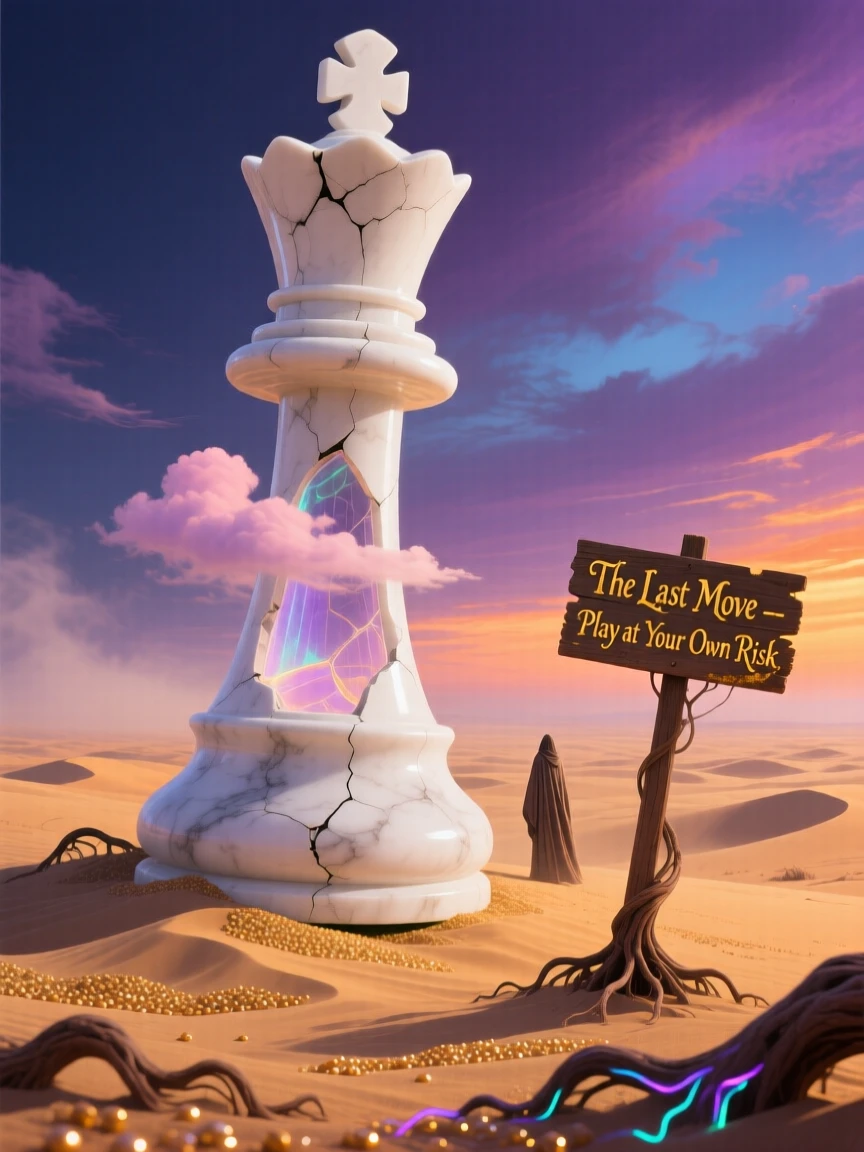 An oversized chess piece standing alone on a windswept plain rests half-buried in drifting golden sand, as clouds drift slowly through gaps in its structure.
