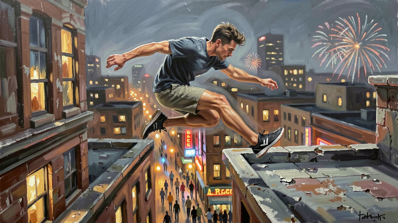 A parkour athlete leaps between rooftops in an urban setting, city lights blurring below as they vault over a ledge, the scene capturing a fleeting, candid moment within a larger ongoing celebration.
