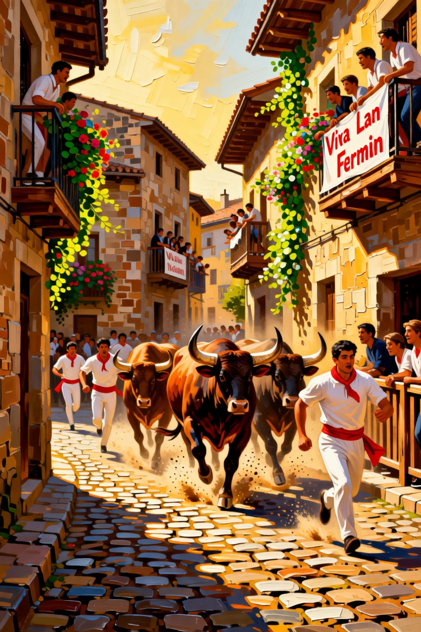 A traditional bull-running festival with runners sprinting through a narrow cobblestone street