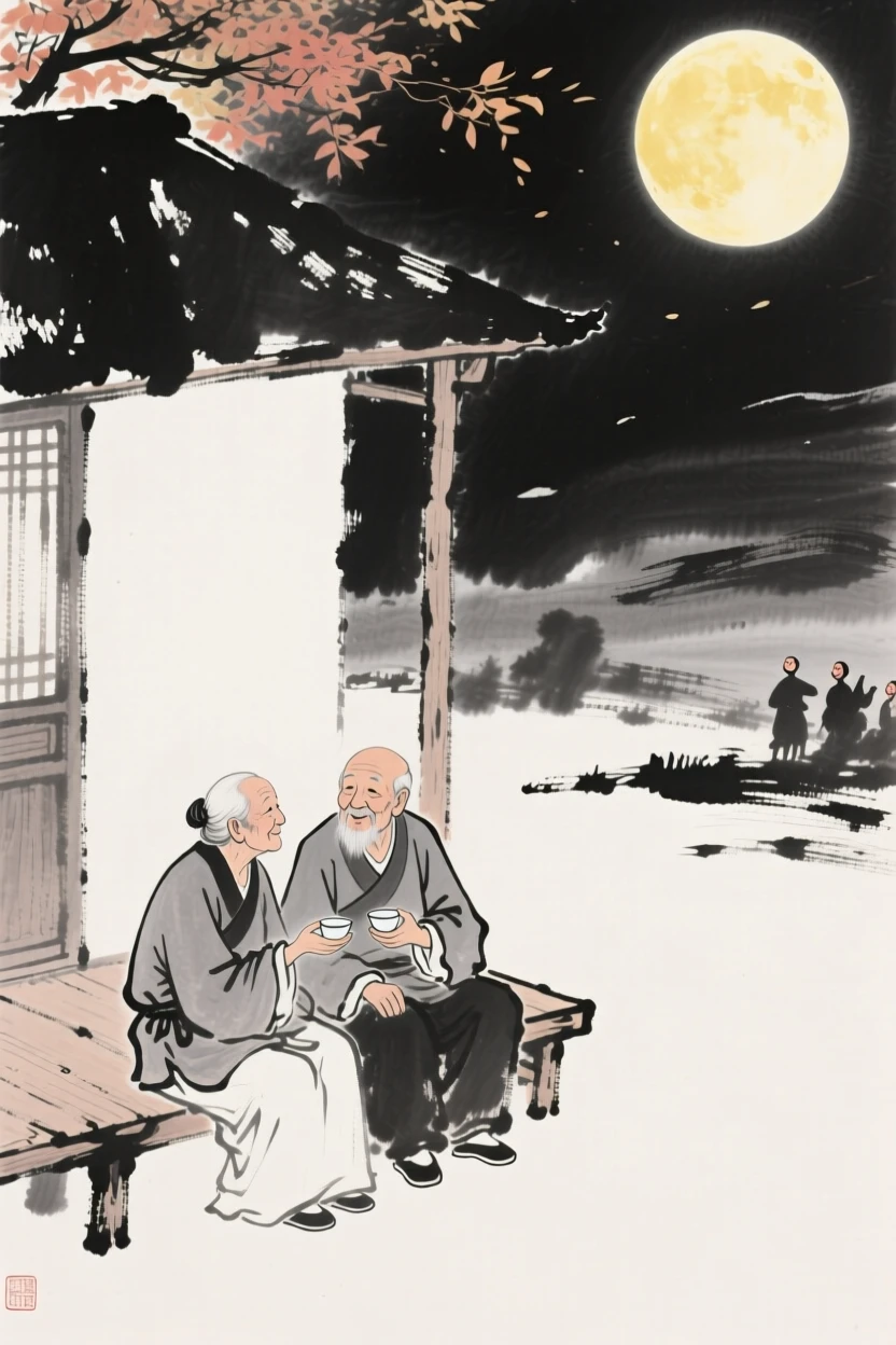An elderly couple shares tea on their porch beneath the bright autumn moon, as distant laughter drifts across the quiet evening.