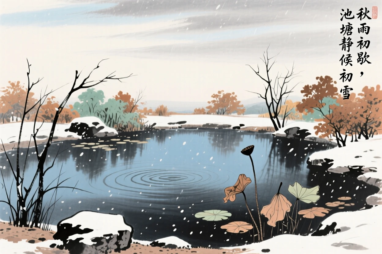 The stillness of a garden pond just before the first snow falls, under clearing skies after a storm, in late autumn.