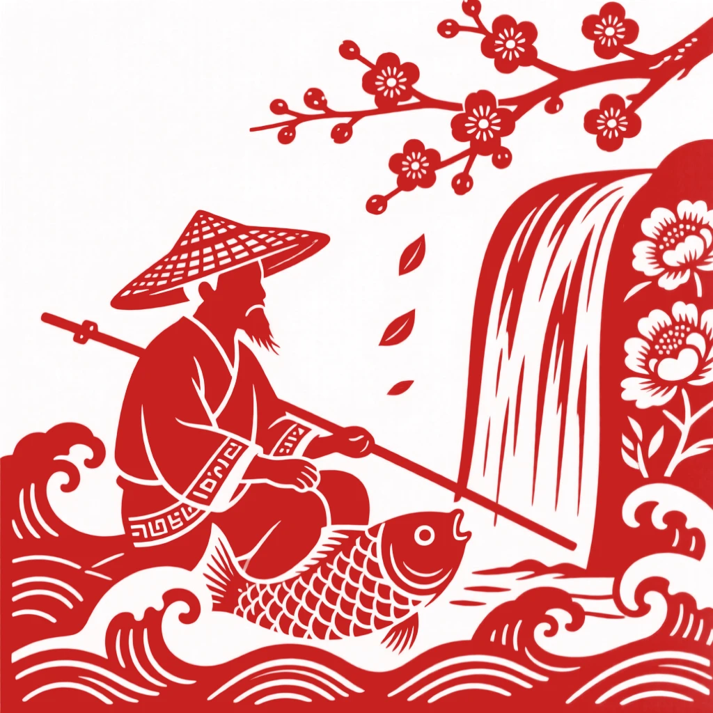A composition of a fisherman in a straw hat beside a cascading waterfall, petals drifting down from a blossoming branch nearby.