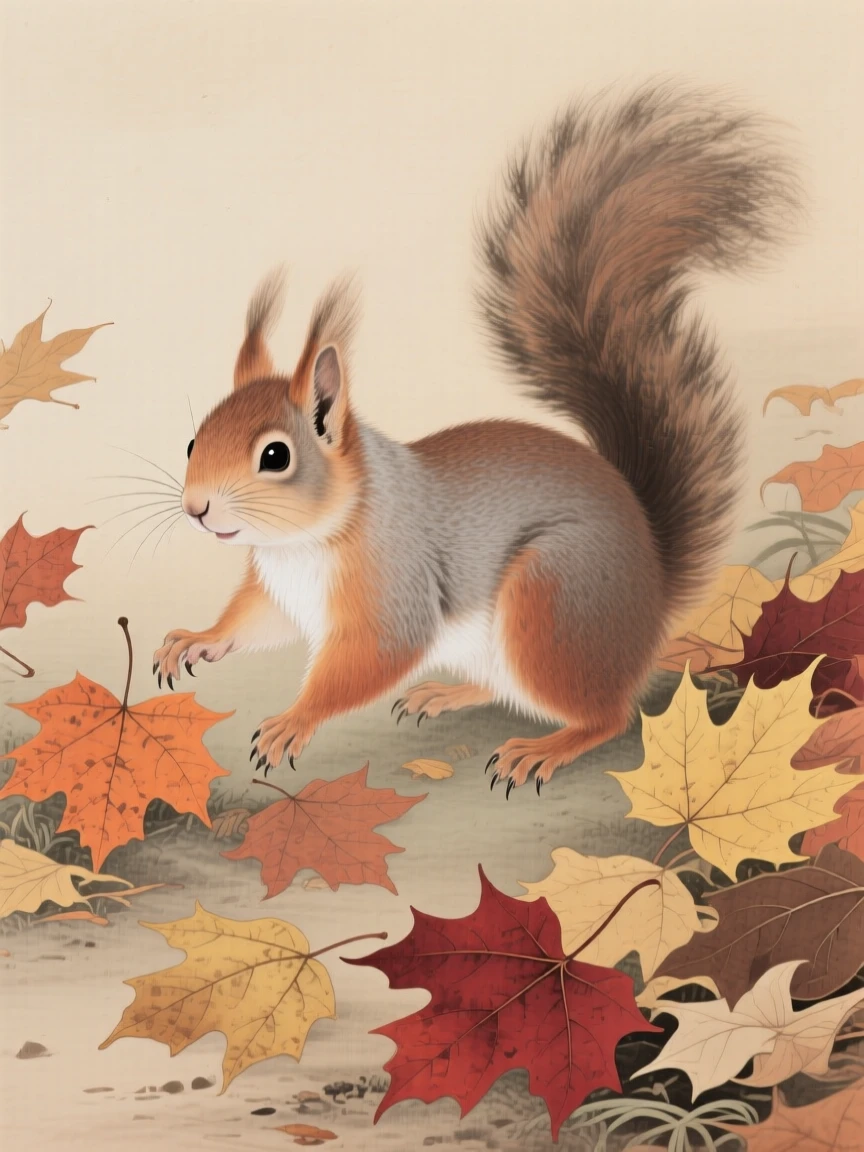 A squirrel playing among fallen autumn leaves