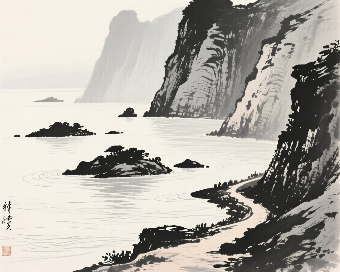 A cluster of small islands scattered across a calm bay beneath towering rock walls softened by haze, captured from a narrow path winding into the depth of the scene, conveying calm reflection and gentle isolation.