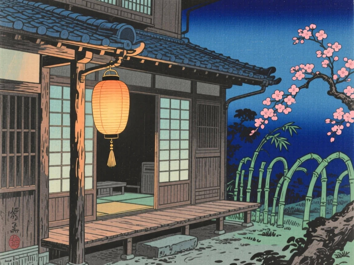 A glowing lantern on a porch placed beside an open window.