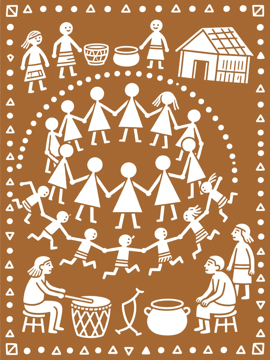A composition centered on a grand family gathering ringed by children playing and elders watching.