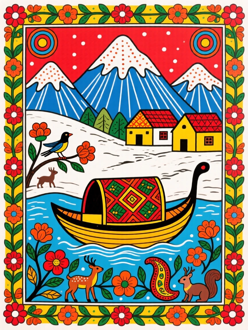 A gondola rising above snow-capped peaks toward a mountain village.