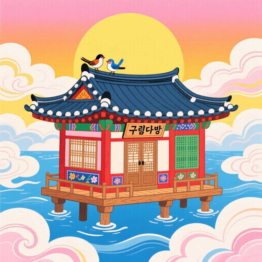 A floating teahouse resting gently on a sea of clouds at sunrise.