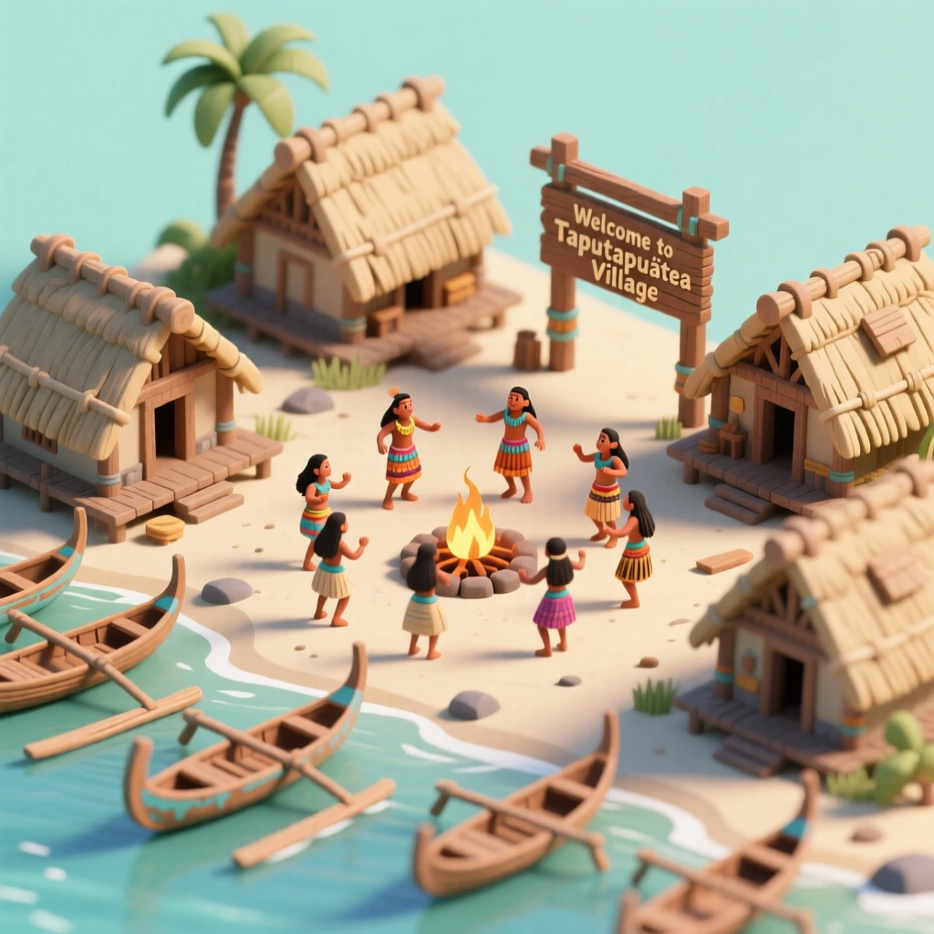 An ancient Polynesian village with outrigger canoes on the shore, thatched huts, and a fire pit surrounded by dancers.