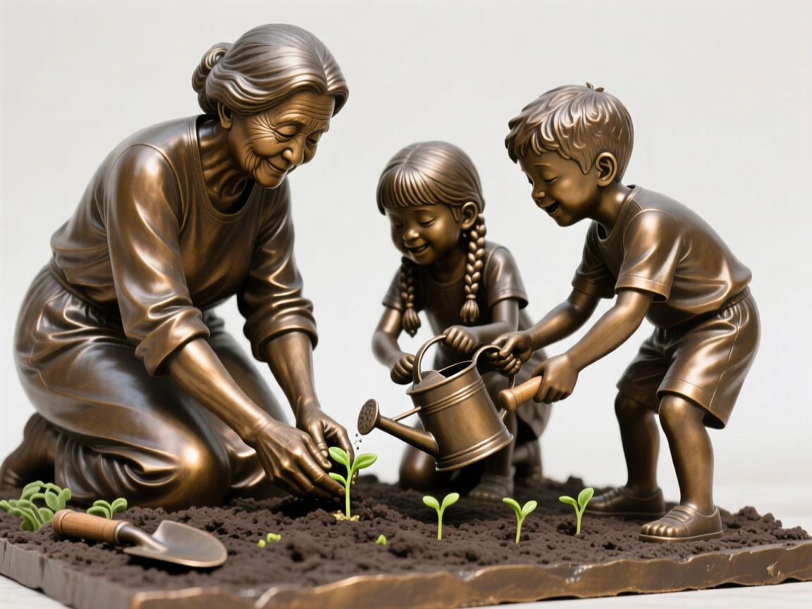 A grandmother and grandchildren planting a garden together, radiating heartfelt emotion and connection, celebrating shared human joy