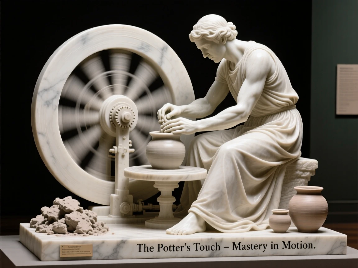 An evocative depiction of a potter shaping clay on a spinning wheel, captured with cinematic depth and detail, balancing detail with emotional depth