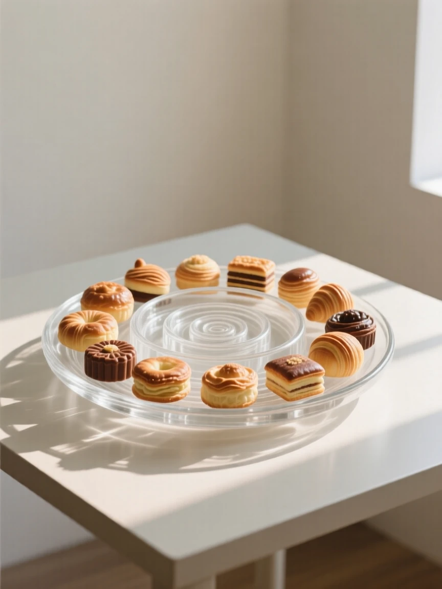 As morning light streams across the table, a tray of pastries arranged in a neat spiral