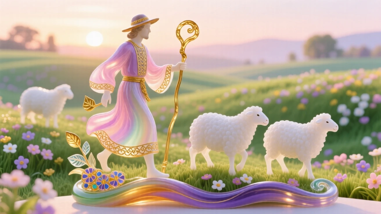 A lone shepherd guiding his flock across a blossoming spring meadow at the crack of dawn, pastoral and serene.