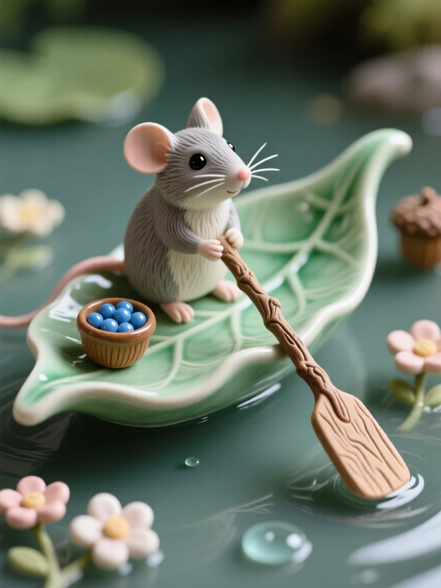 A mouse riding atop a floating leaf boat frozen in a moment of quiet, gentle mischief, surrounded by tiny, carefully placed props, stirring nostalgic delight and warm laughter.