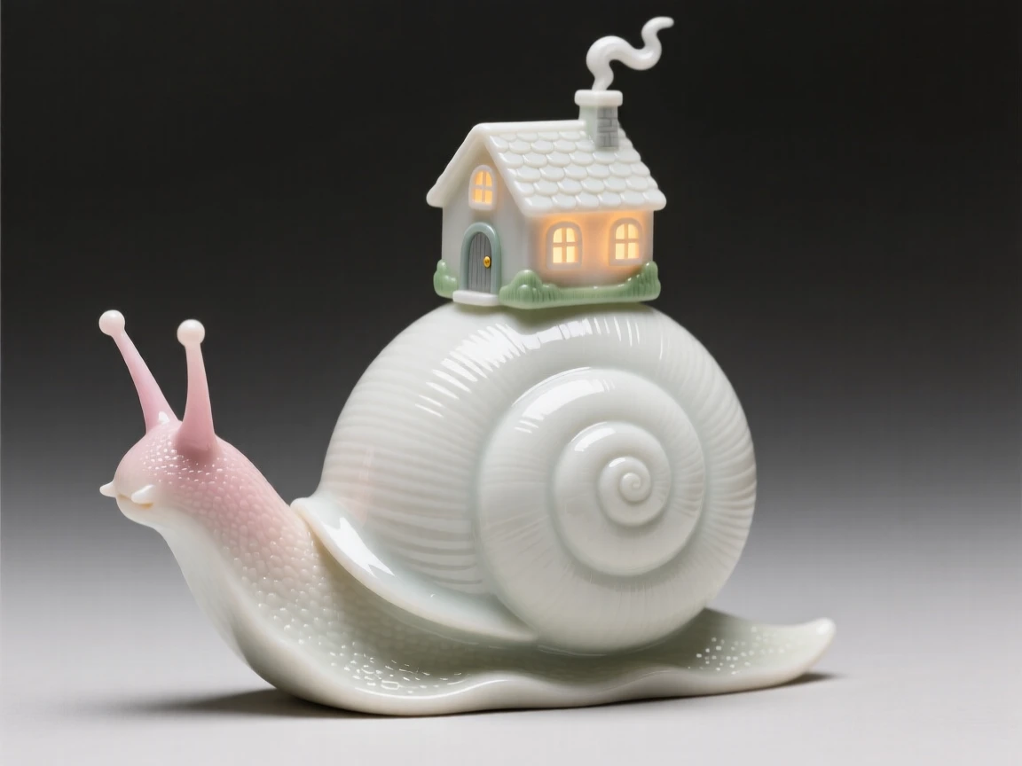 A dreamlike scene of a snail carrying a tiny glowing cottage on its shell, drawing the eye into a world just beyond reality.