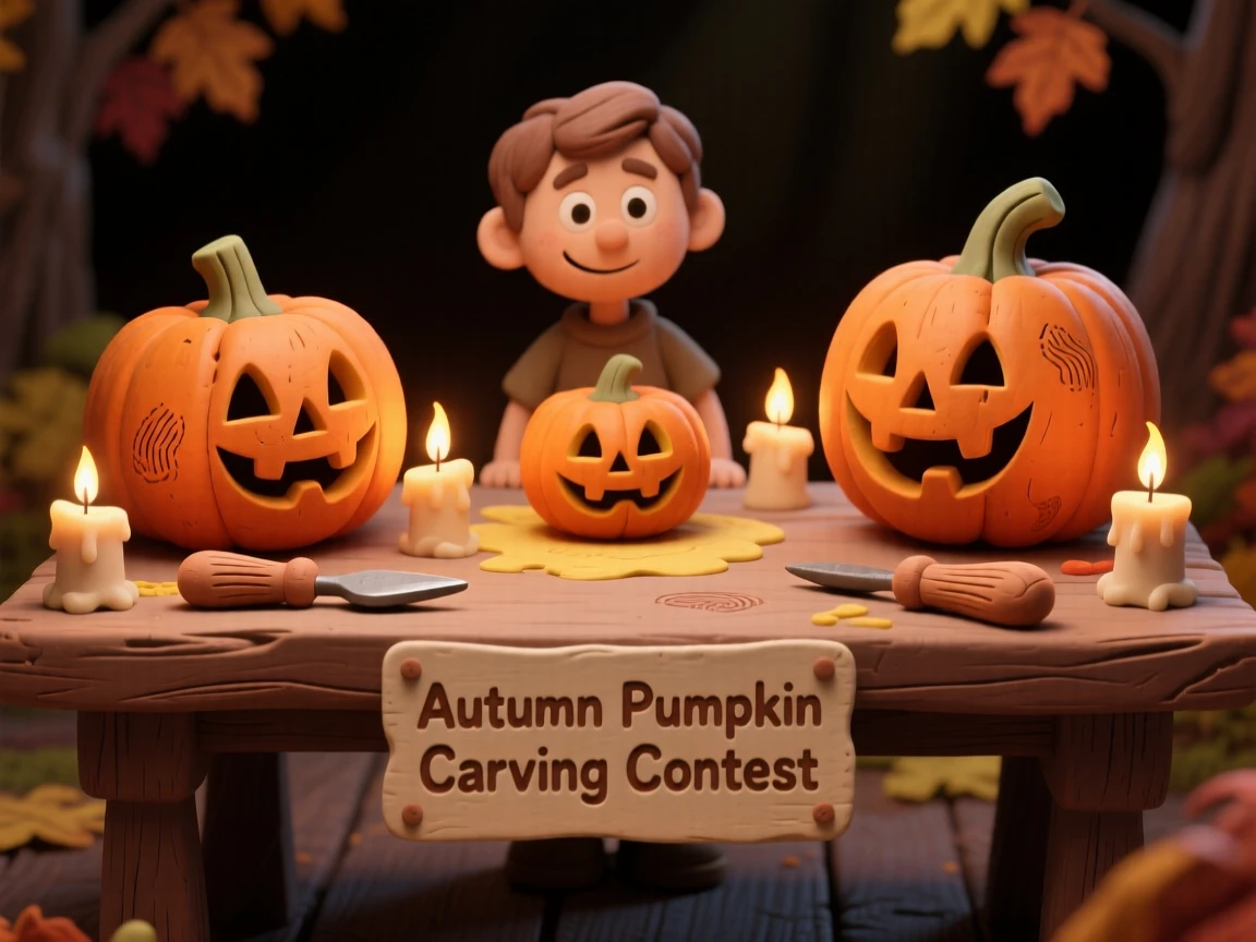 An autumn pumpkin carving contest table lit by candlelight