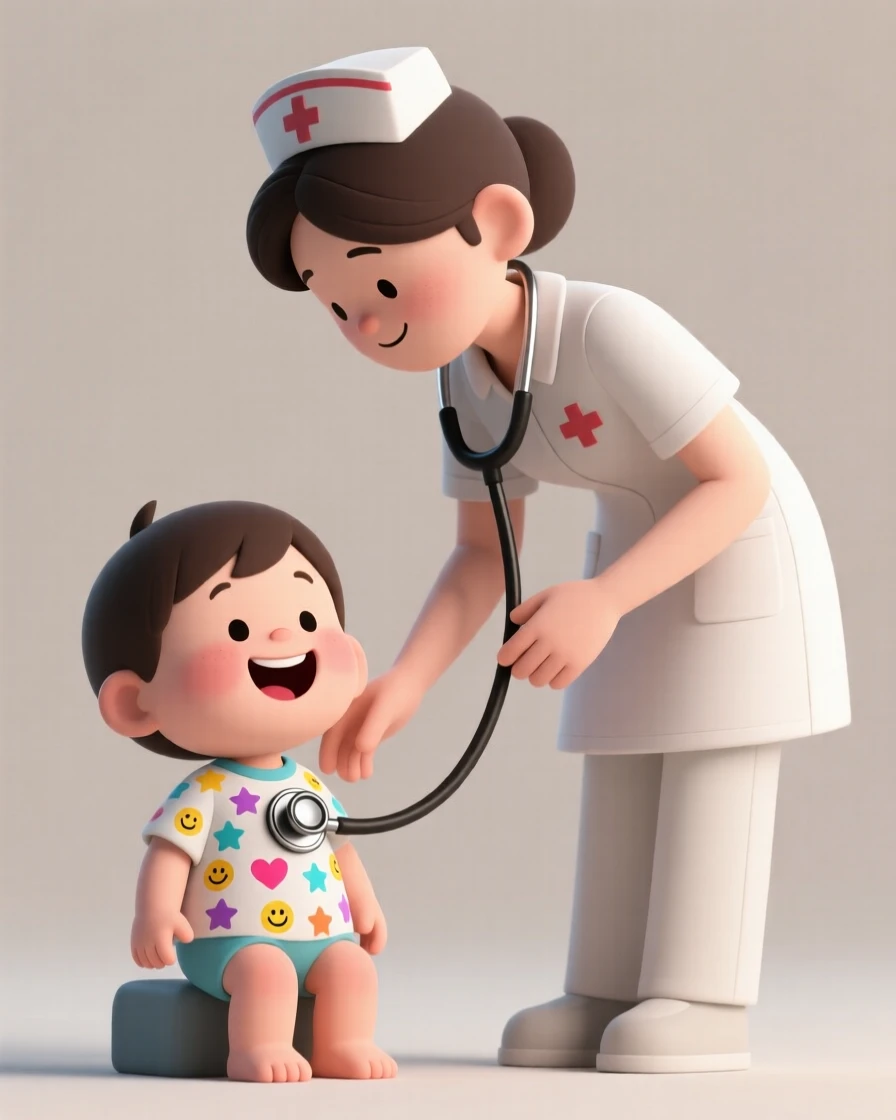 A gentle nurse practitioner listens to a giggling toddler's heartbeat with a colorful cartoon-covered stethoscope.
