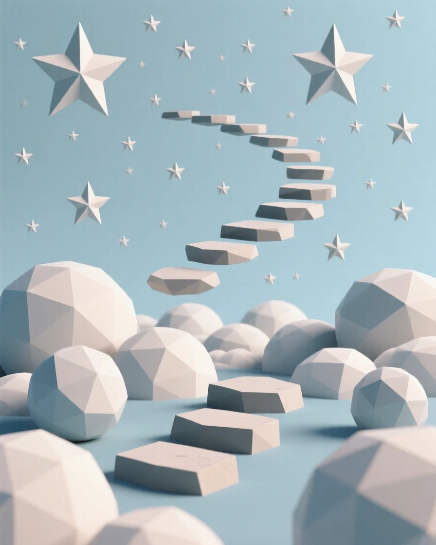 A dreamy cloudscape with floating stepping stones, beneath a sky filled with countless stars. the scale of the scene emphasizes its vastness and wonder. A sense of quiet wonder fills the cosmos.