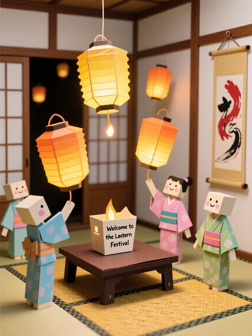 A glowing lantern release festival held in a serene tatami room, with warm light illuminating every face, capturing vibrant, living tradition.