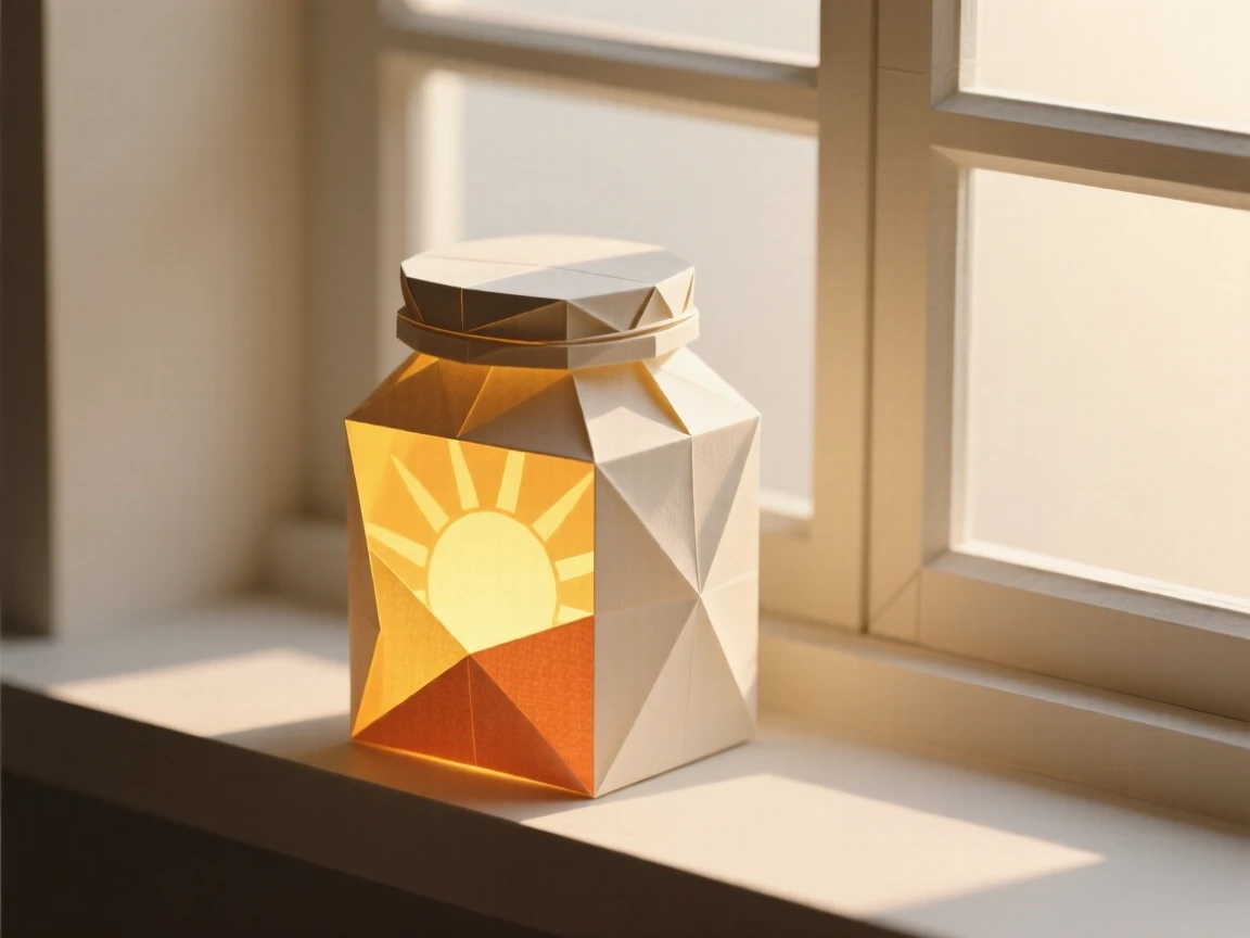 A jar filled with captured sunlight glowing warmly on a windowsill.