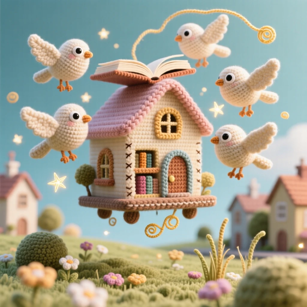 An imaginative scene of a small floating library carried by a flock of paper birds with pages fluttering like wings, drifting above a quiet town tucked within a quiet, dreamlike meadow; a scattering of stardust in the air nearby, full of gentle magical wonder.