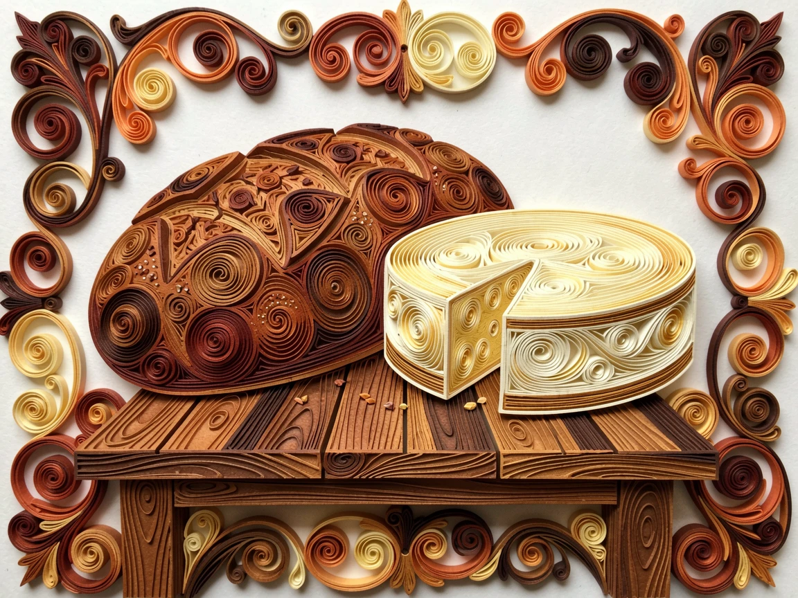 A cozy still life of a rustic loaf of bread beside a wheel of cheese on a rustic wooden farmhouse table, in cozy autumnal tones of rust and brown, composed with warm, inviting close-up framing.