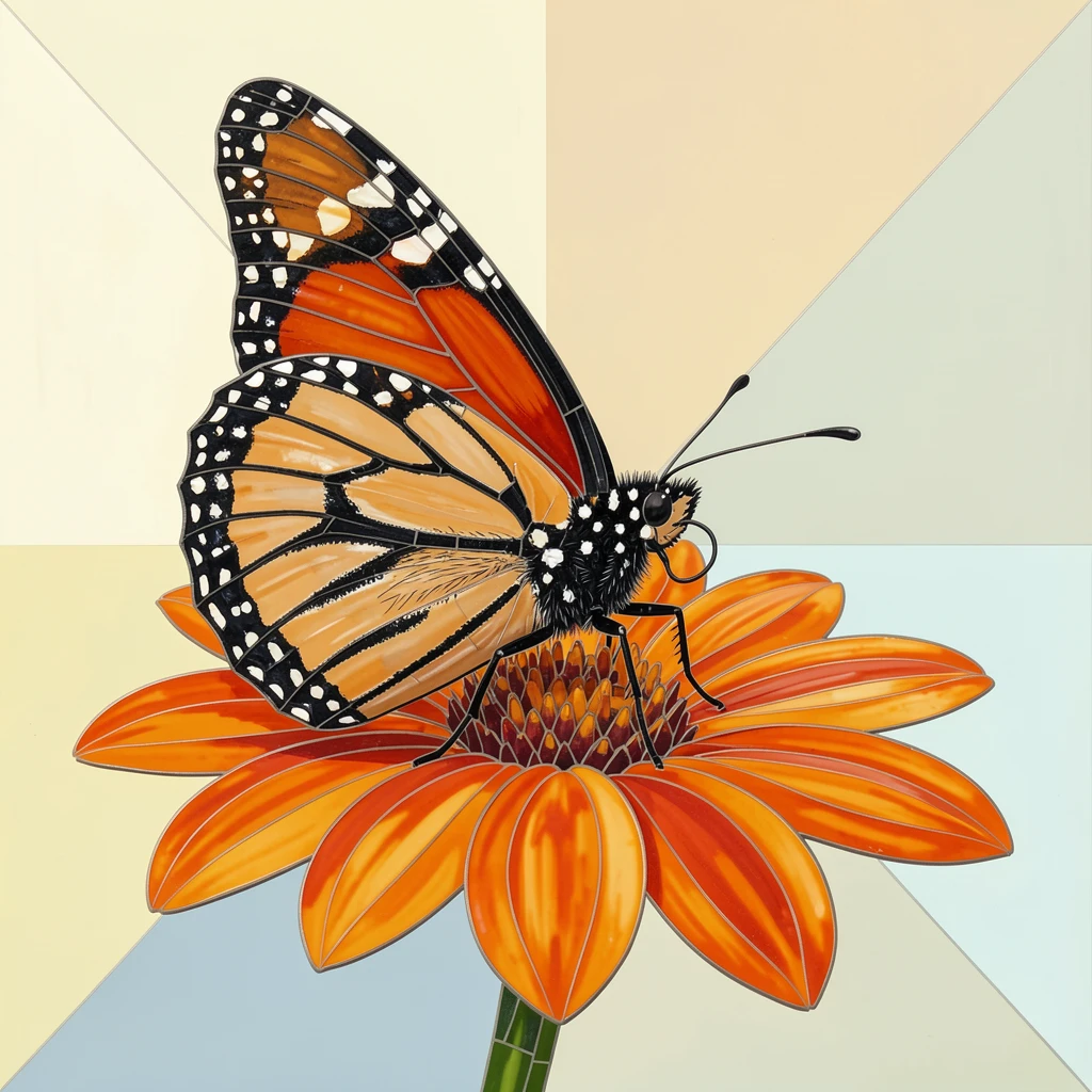 A close-up portrait of a monarch butterfly resting on a bright orange flower, showing rich fur or feather detail and expressive eyes.