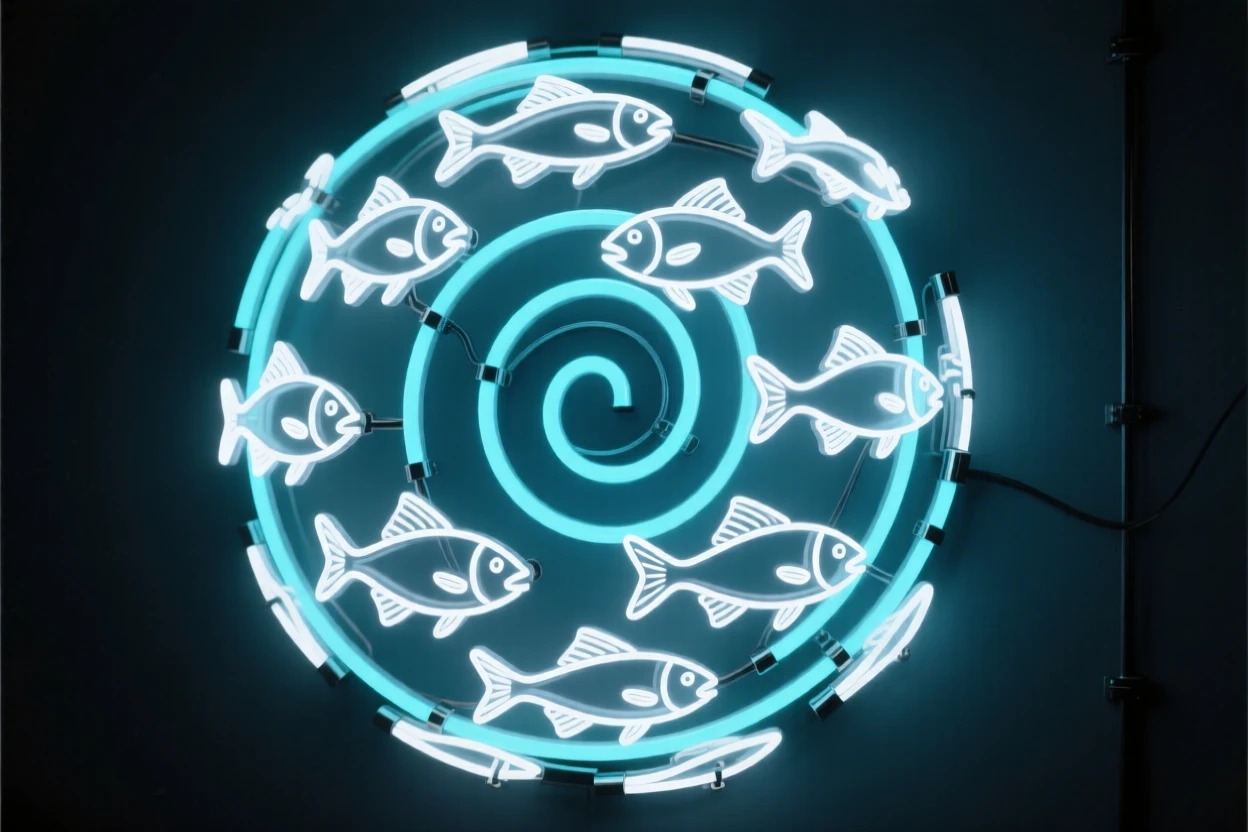A school of silver fish forming a swirling underwater sphere.