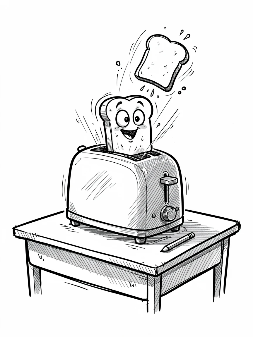 A toaster popping out toast triumphantly on a classroom desk.