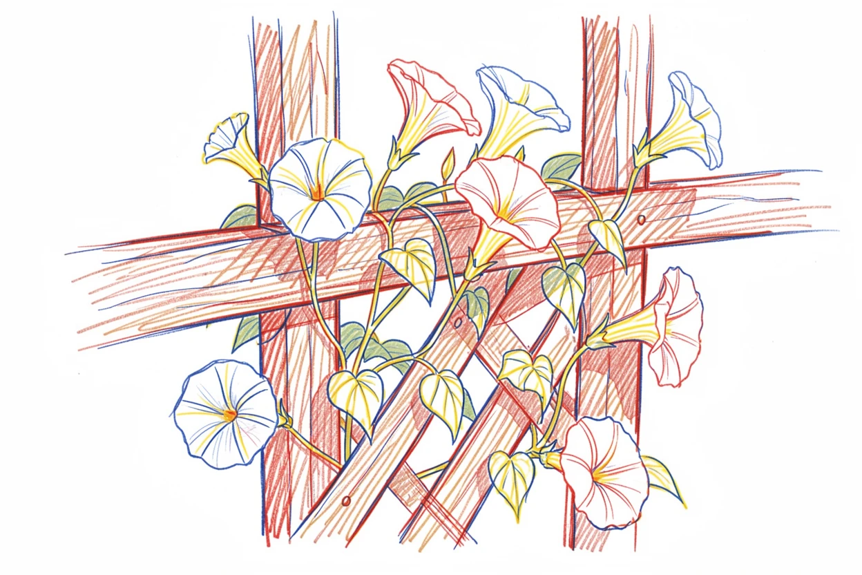 A close-up of morning glories climbing a rustic wooden trellis