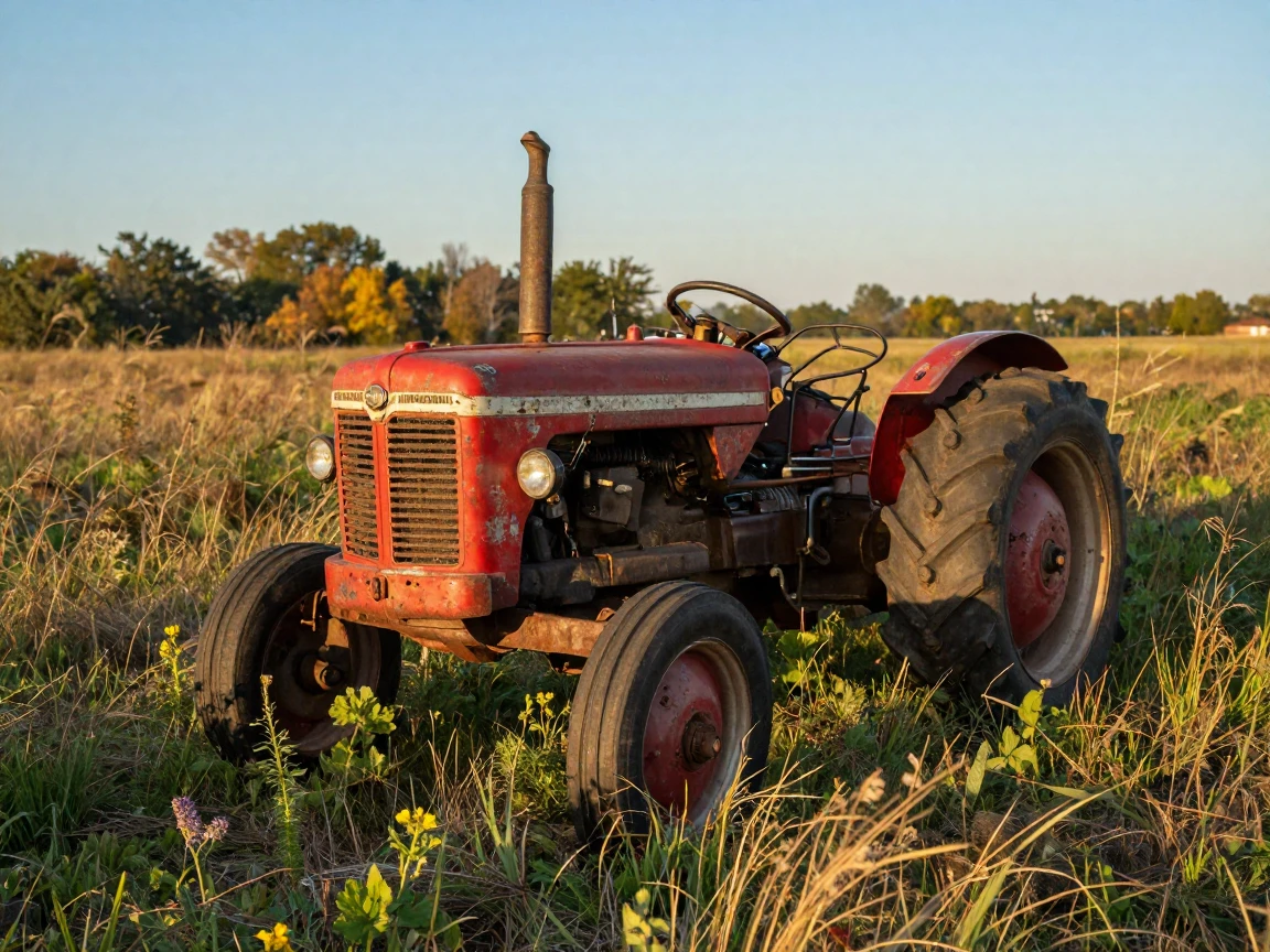 A vintage tractor rusting quietly in an overgrown field