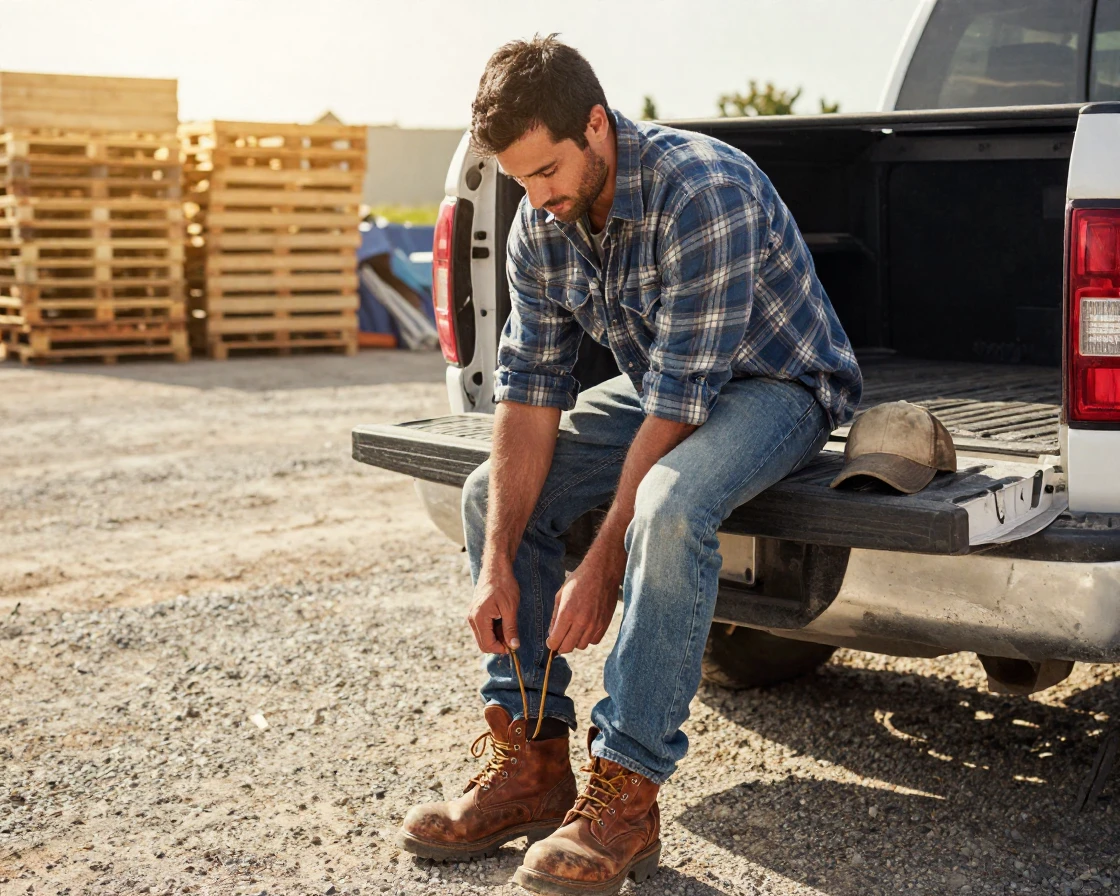 A man laces up work boots on the tailgate of a truck before a day of labor.