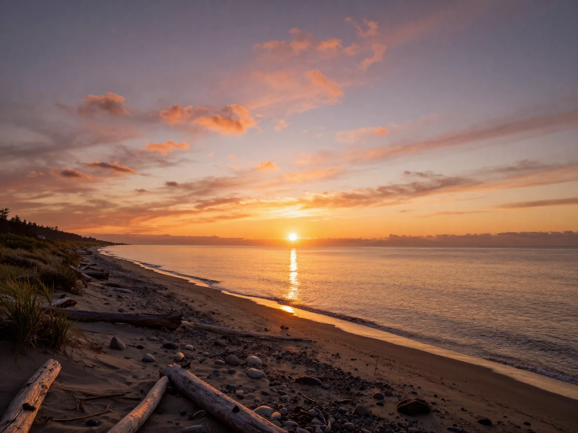 An endless coastline glowing under the light of a setting sun
