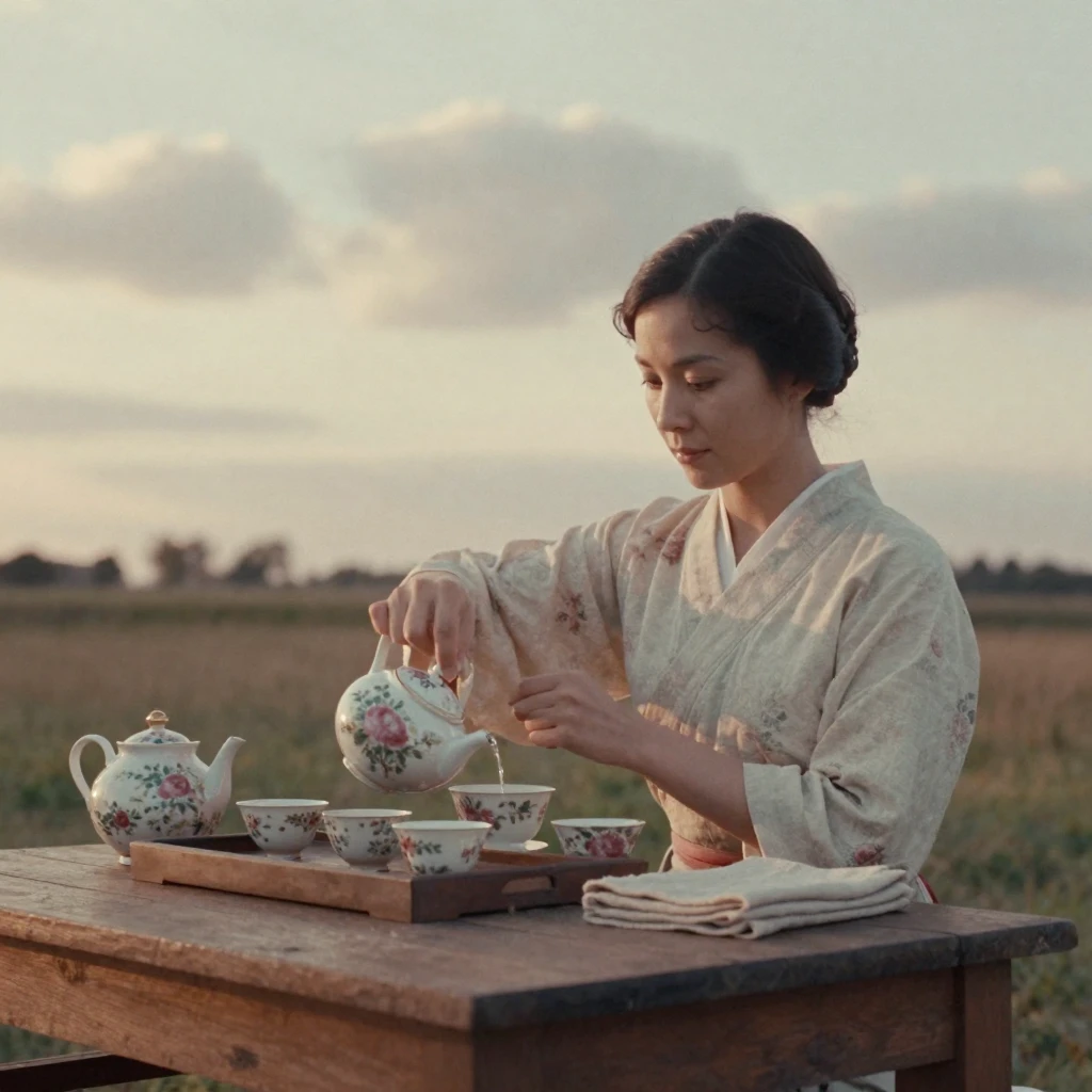 A traditional tea ceremony performed with slow, deliberate movements, in the last light of dusk, under scattered clouds, in the mild days of early autumn, in soft muted pastels, shot from directly overhead.