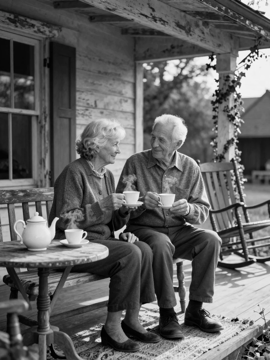 An elderly couple shares a quiet cup of tea on a rustic farmhouse porch.