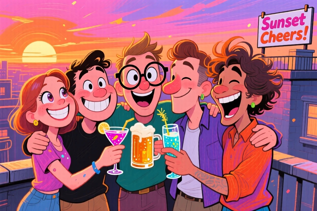 A group of friends posing for a rooftop sunset photo, drinks raised in a toast.