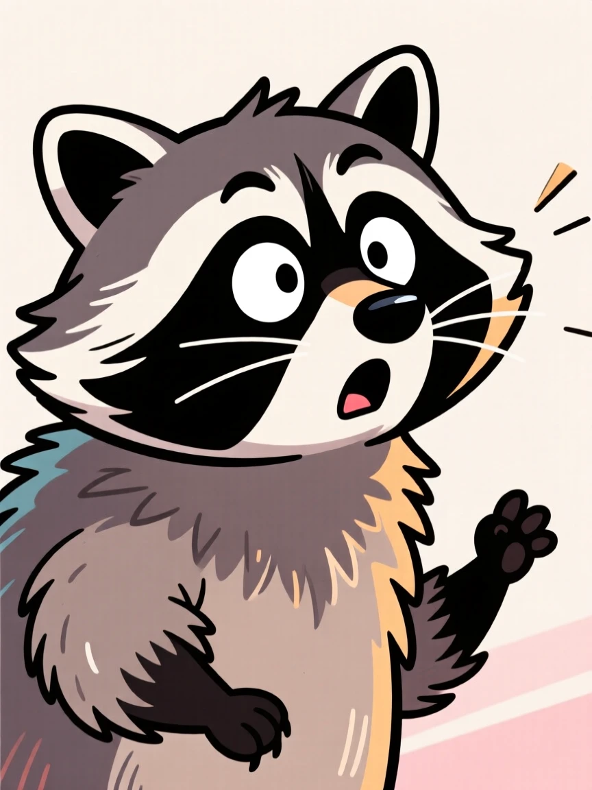 A charming animal moment featuring a curious raccoon reacting with wide-eyed surprise to something offscreen, with feathers or fur puffed out dramatically.
