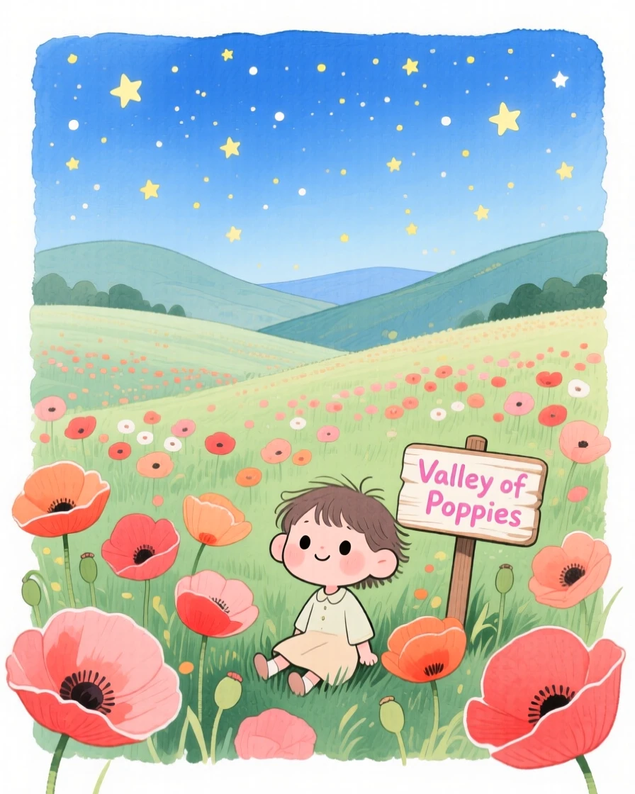 A serene landscape of a valley of blooming poppies stretching to distant hills under a blanket of stars