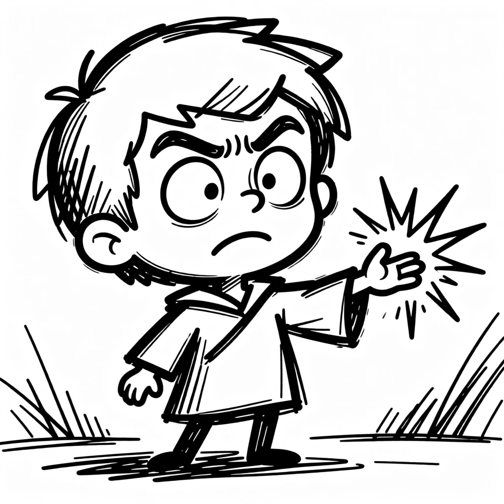 A young apprentice wizard nervously attempting their first spell, sparks flying comically.