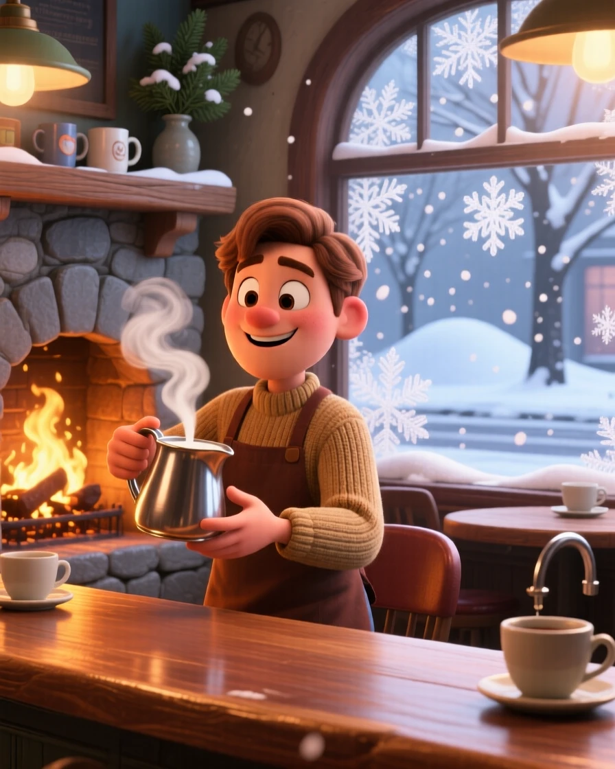 A barista steaming milk behind a counter sits beside a crackling stone fireplace, watching snowflakes drift past the window. A gentle nostalgia and calm settle over the scene, with frost patterns tracing the windowpane.
