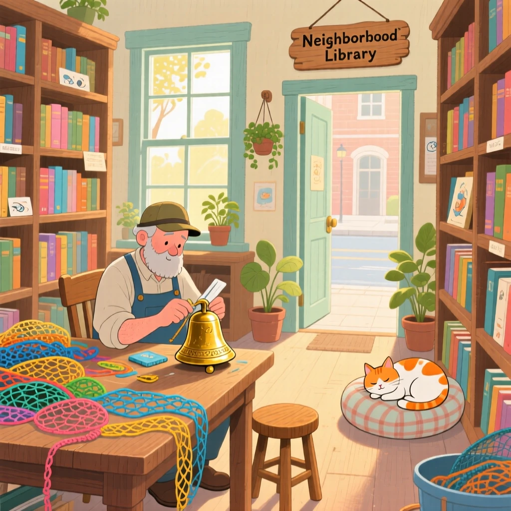 A fisherman mending his nets pauses while polishing an old brass bell in a quiet neighborhood library, while a cat naps in a sunny doorway.