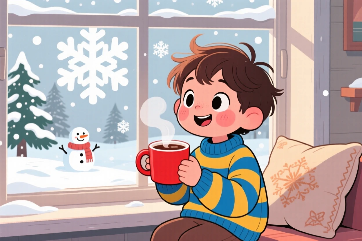 A child sipping hot chocolate while watching snow fall outside.