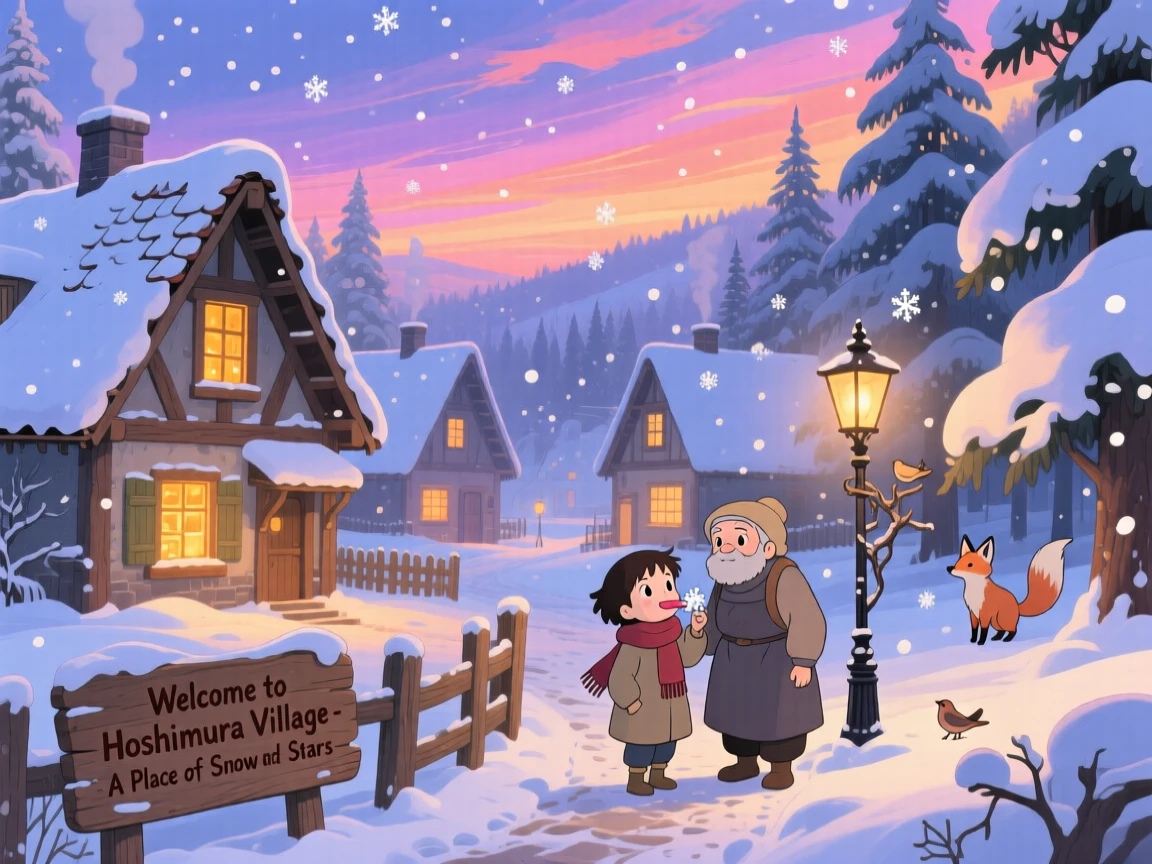 A winter scene of a village blanketed in fresh snow with warm lit windows, under a sky streaked with color.