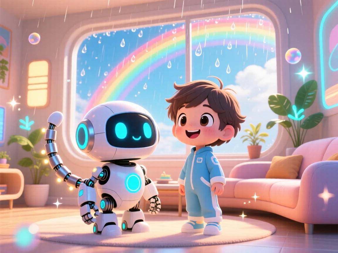 A friendly robot pet wagging a mechanical tail beside a child in a cozy futuristic living room under a rainbow after the rain; bright midday sun washes over the scene as bubbly enthusiasm fills the moment. Medium shot.