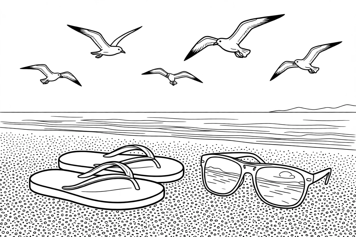 A pair of flip-flops and sunglasses resting on warm sand, with seagulls circling overhead.