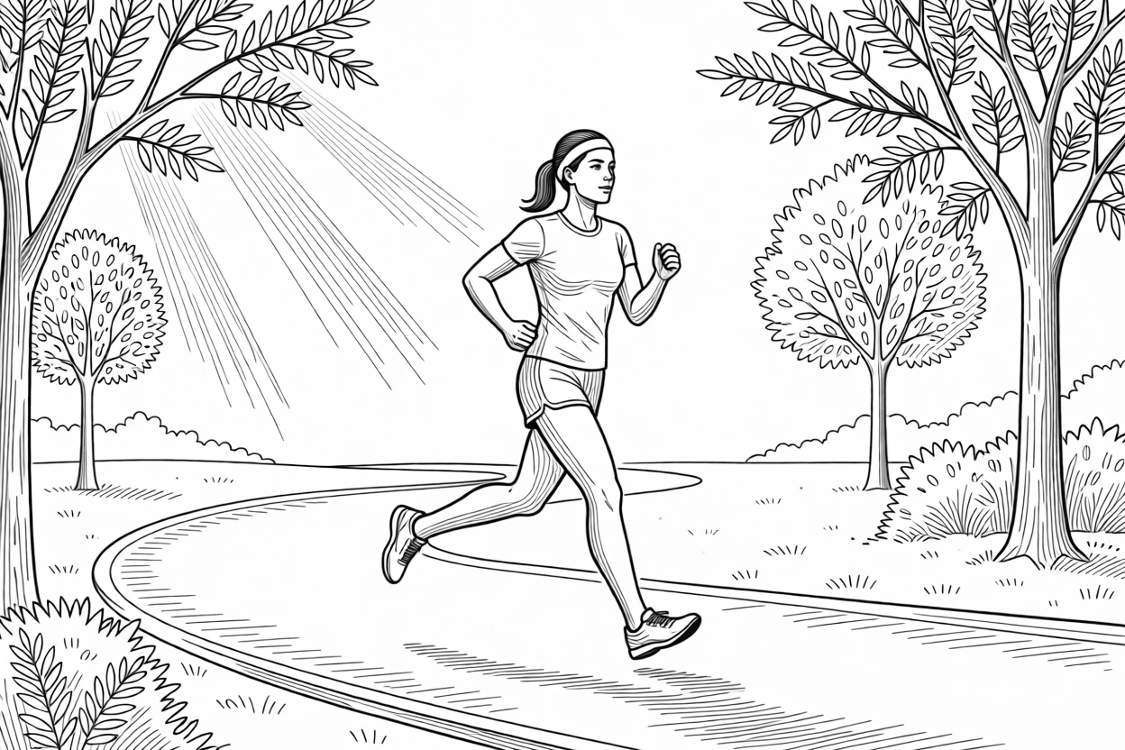 A person jogging through a park in early morning light