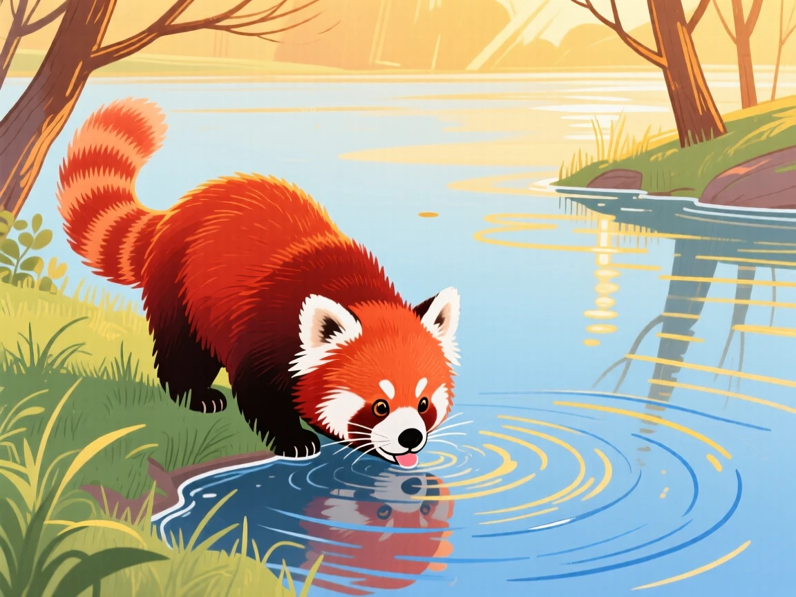 A red panda drinking from a stream beside a still lake during golden hour.