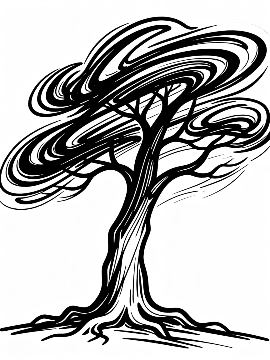 A single tree standing strong against a powerful wind, roots deeply anchored.