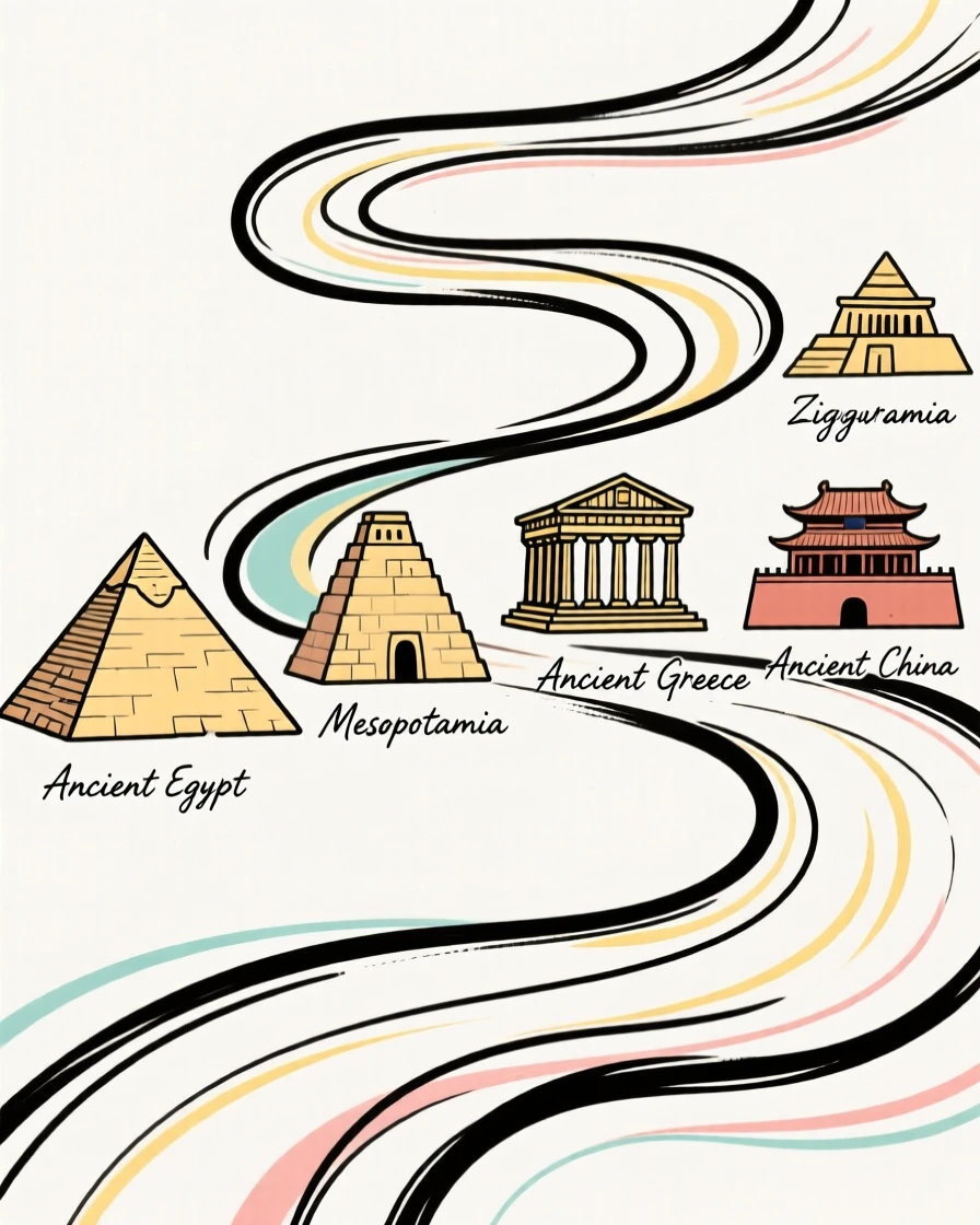 A timeline scene depicting the history of ancient civilizations.